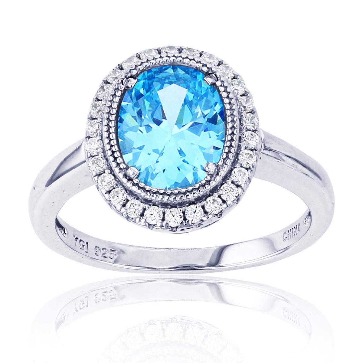 Sterling Silver Rhodium 9x7mm Ov Light Blue CZ & Rnd White CZ Milgrain Bezel Halo Ring