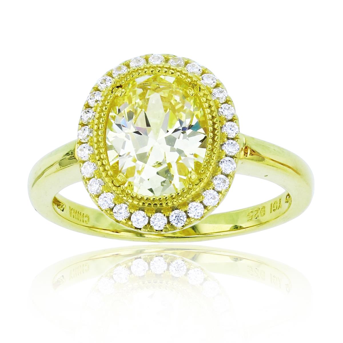 Sterling Silver+1Micron Yellow Gold 9x7mm Ov Canary Yellow CZ & Rnd White CZ Milgrain Bezel Halo Ring