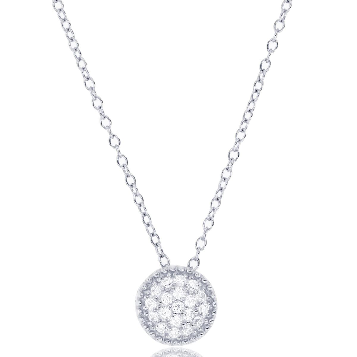 Sterling Silver Rhodium Rnd CZ Pave Milgrain Puffy Circle 18"Necklace