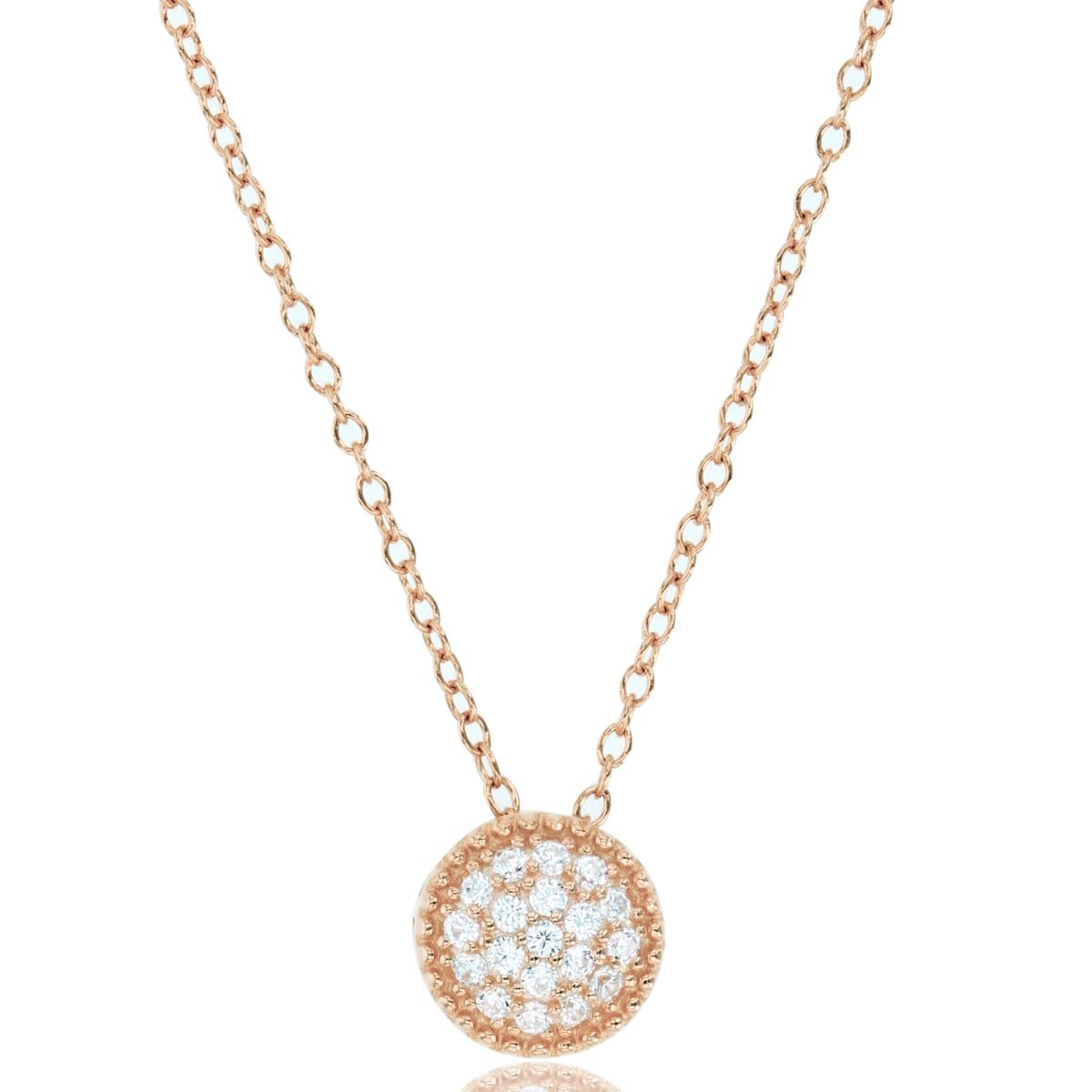 Sterling Silver+1Micron Rose Gold Rnd CZ Pave Milgrain Puffy Circle 18"Necklace