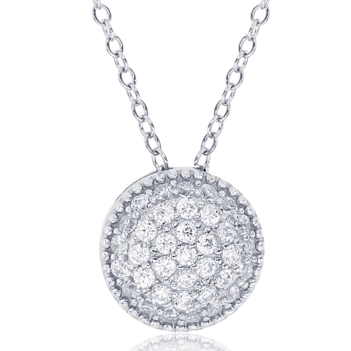 Sterling Silver Rhodium Rnd CZ Pave Beaded Puffy Circle 18"Necklace