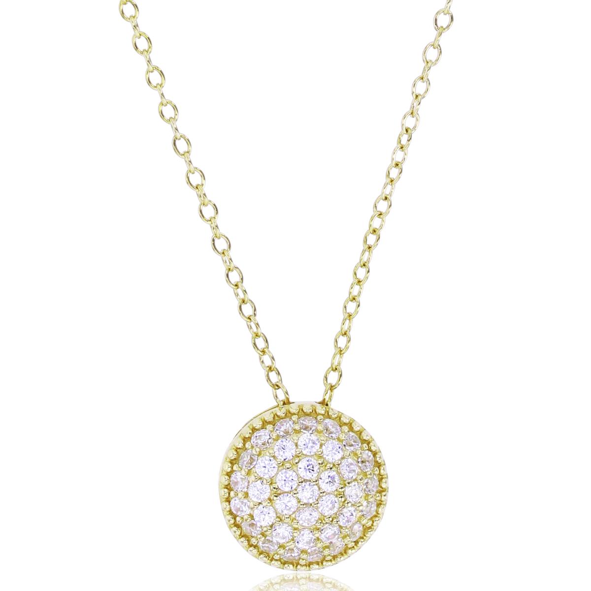 Sterling Silver+1Micron Yellow Gold Rnd CZ Pave Beaded Puffy Circle 18"Necklace