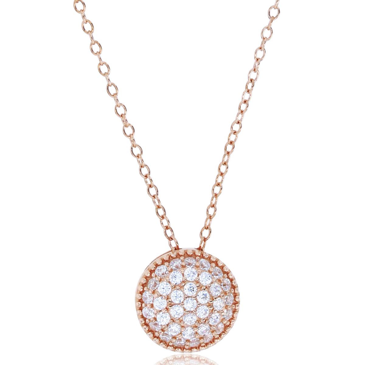 Sterling Silver+1Micron Rose Gold Rnd CZ Pave Beaded Puffy Circle 18"Necklace