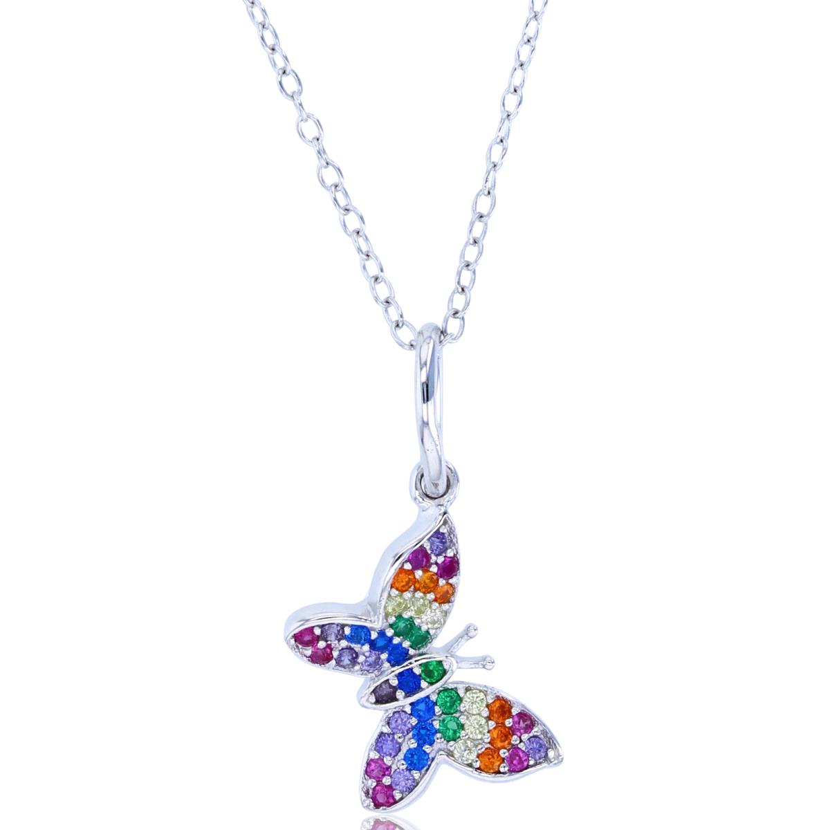 Sterling Silver Rhodium Rnd Multicolor CZ Butterfly 18"Necklace