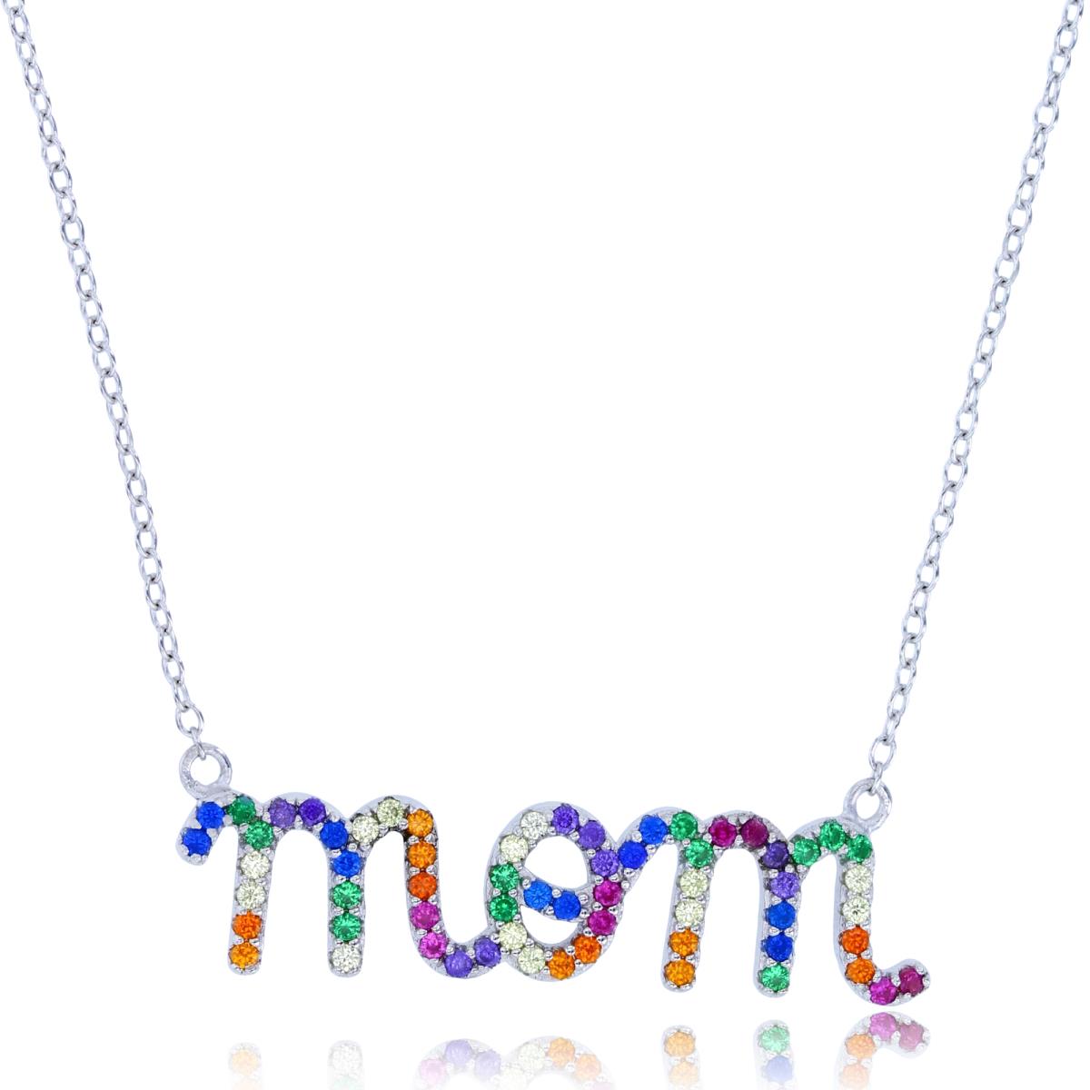 Sterling Silver Rhodium Rnd Multicolor CZ "Mom" 18"Necklace