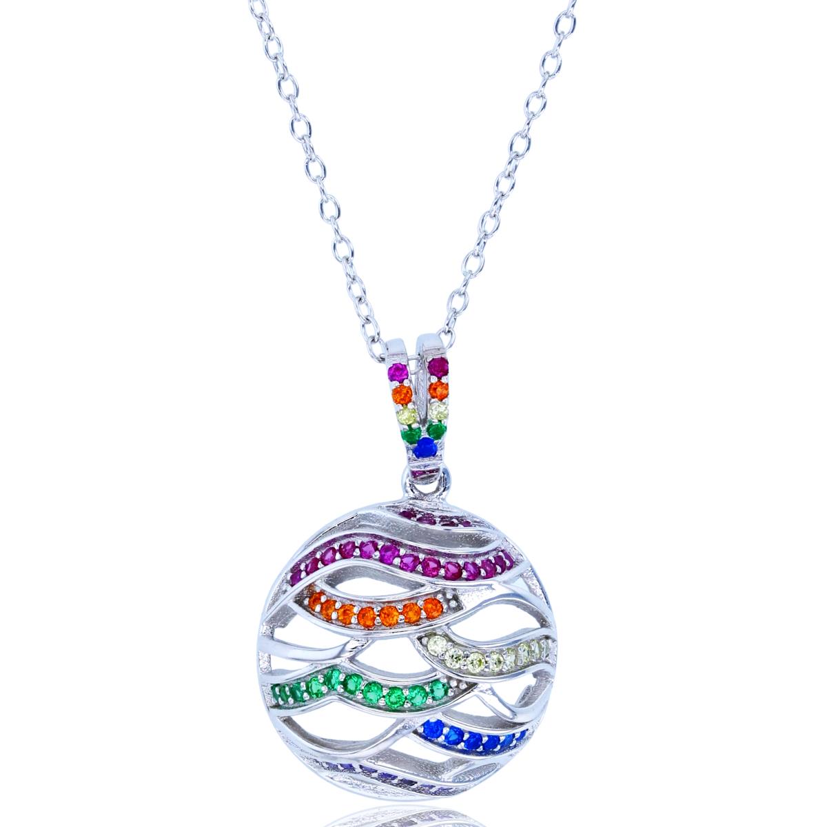 Sterling Silver Rhodium Rnd Multicolor CZ Bypass Rows Domed Circle 18"Necklace