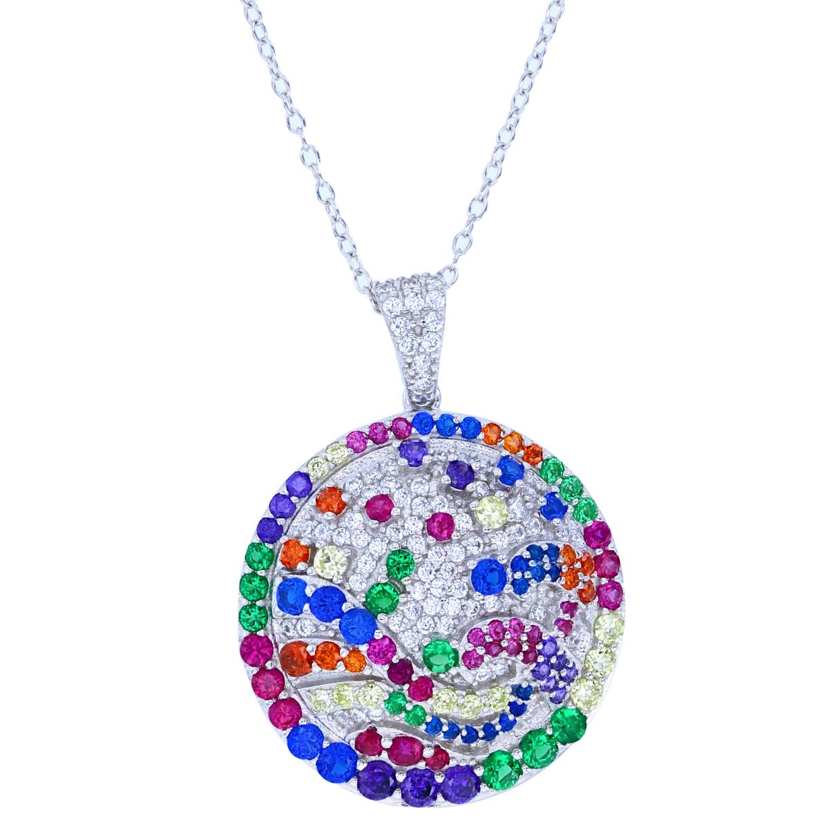 Sterling Silver Rhodium Rnd Multicolor CZ Puffy Circle 18"Necklace