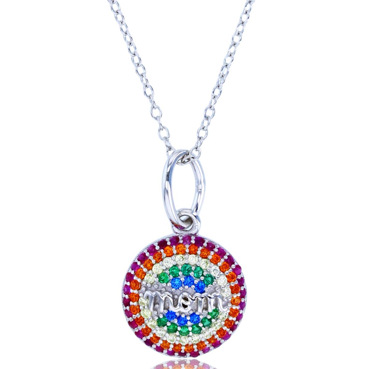 Sterling Silver Rhodium Rnd Multicolor CZ Pave Puffy Circle "Mom" 18"Necklace