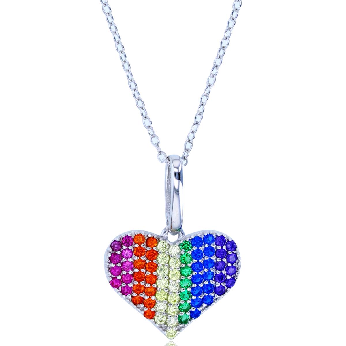 Sterling Silver Rhodium Rnd Multicolor CZ Pave Heart 18"Necklace