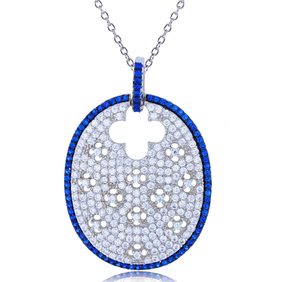 Sterling Silver Rhodium Rnd White & #113 Blue Spinel CZ Scattered Clovers on Oval 18"Necklace