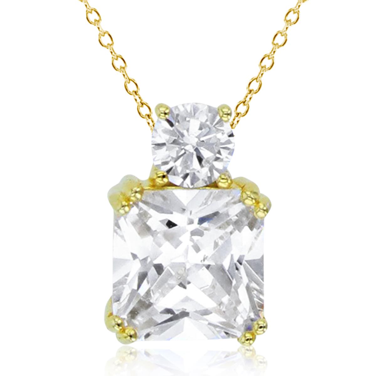 Sterling Silver+1Micron Yellow Gold 8mm Princess & Rnd White CZ 2-Stone 18"Necklace