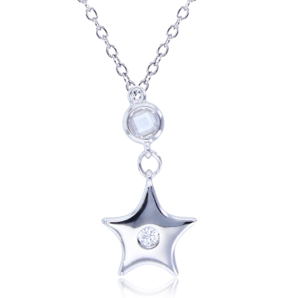 Sterling Silver Rhodium Rnd CZ Bezel Dangling Star 18"Necklace