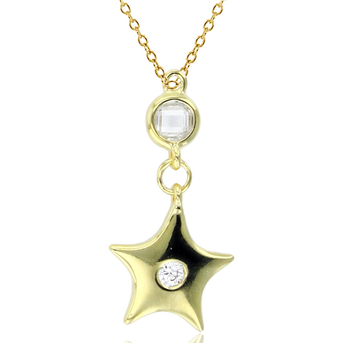 Sterling Silver+1Micron Yellow Gold Rnd CZ Bezel Dangling Star 18"Necklace