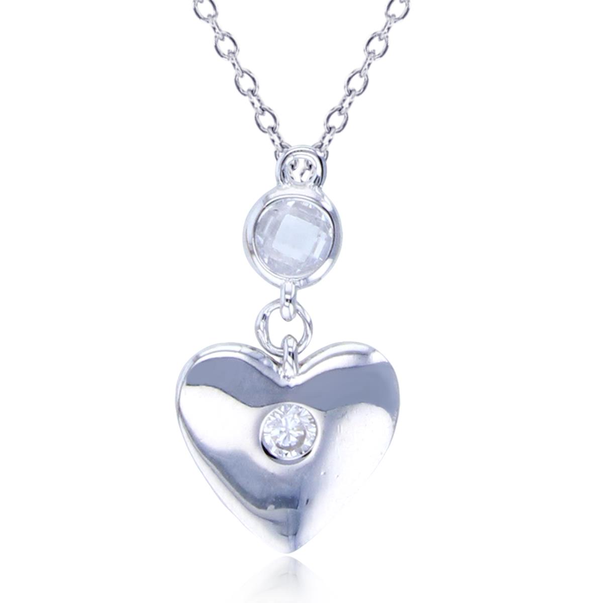 Sterling Silver Rhodium Rnd CZ Bezel Dangling Heart 18"Necklace