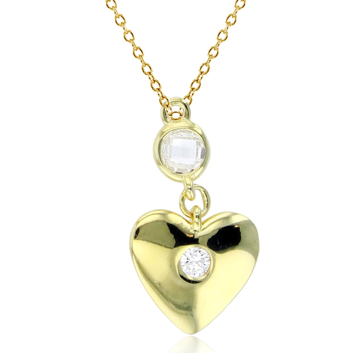 Sterling Silver+1Micron Yellow Gold Rnd CZ Bezel Dangling Heart 18"Necklace