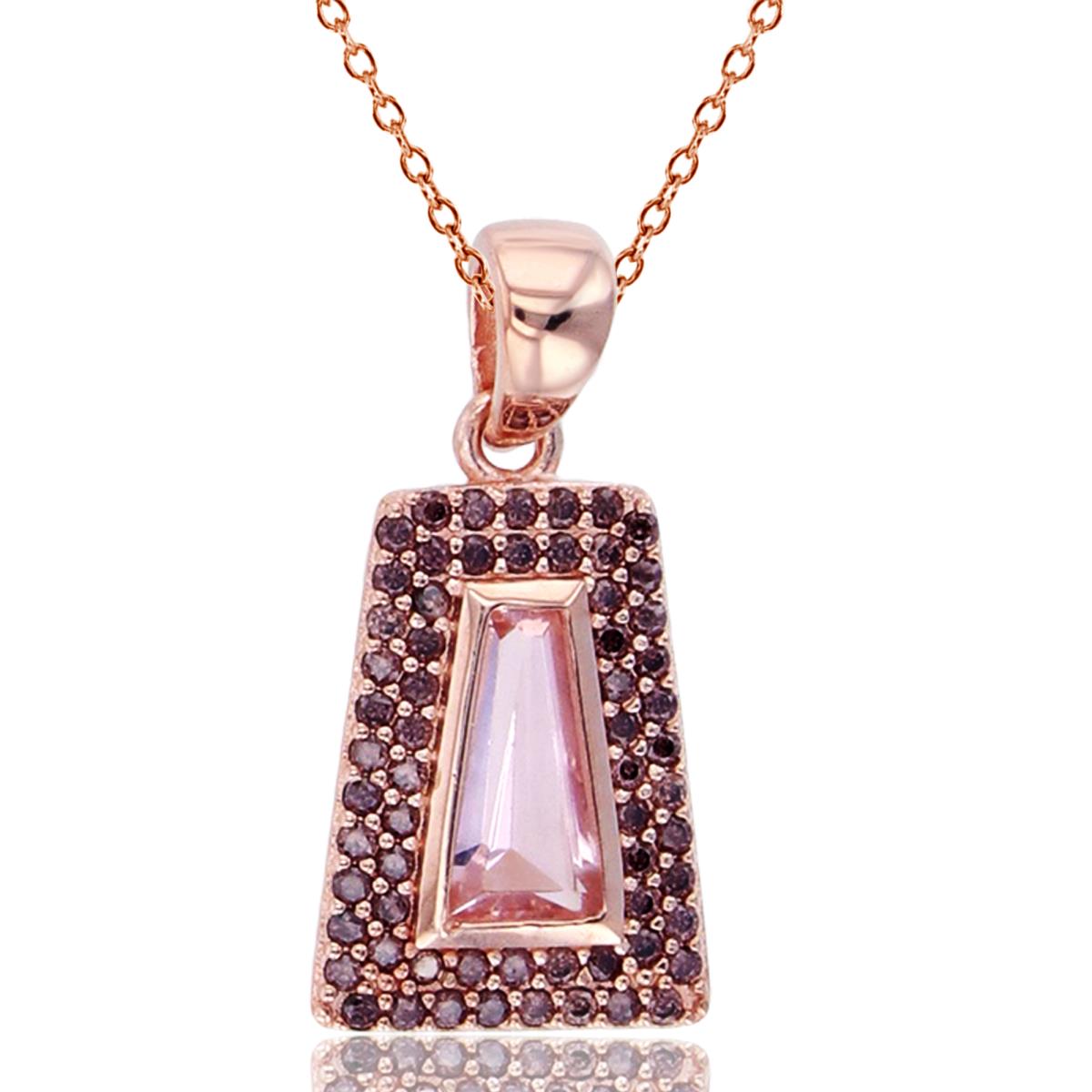 Sterling Silver+1Micron Rose Gold 8x4x2mm TB Morganite CZ Center & Rnd Brown CZ Pave Trapezoid 18"Necklace