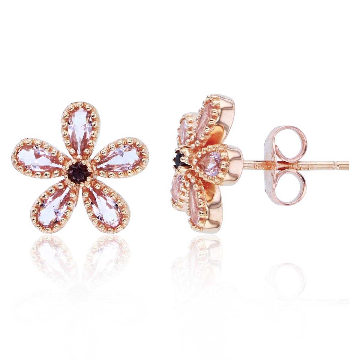 Sterling Silver+1Micron Rose Gold Rnd Brown & 4x2mm PS Morganite CZ Beaded Flower Studs