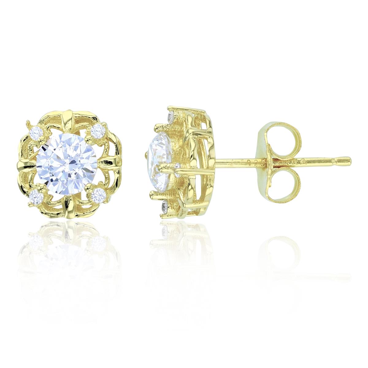 Sterling Silver+1Micron Yellow Gold 5mm Rnd White CZ Flower Studs