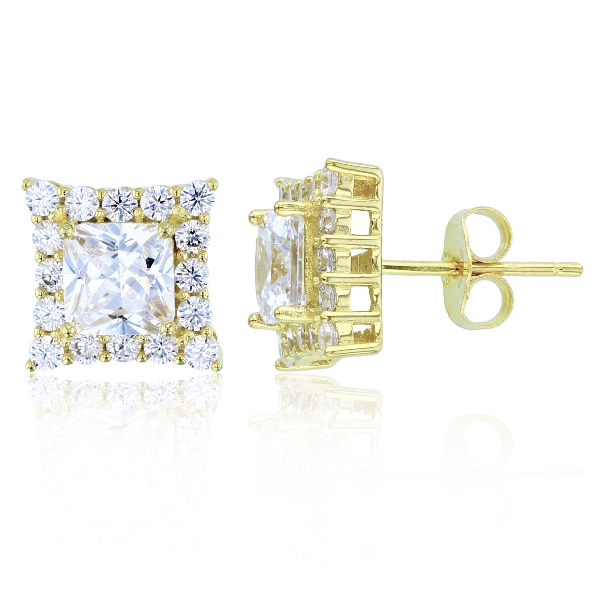 Sterling Silver+1Micron Yellow Gold 6mm Cush & Rnd White CZ Halo Square Studs