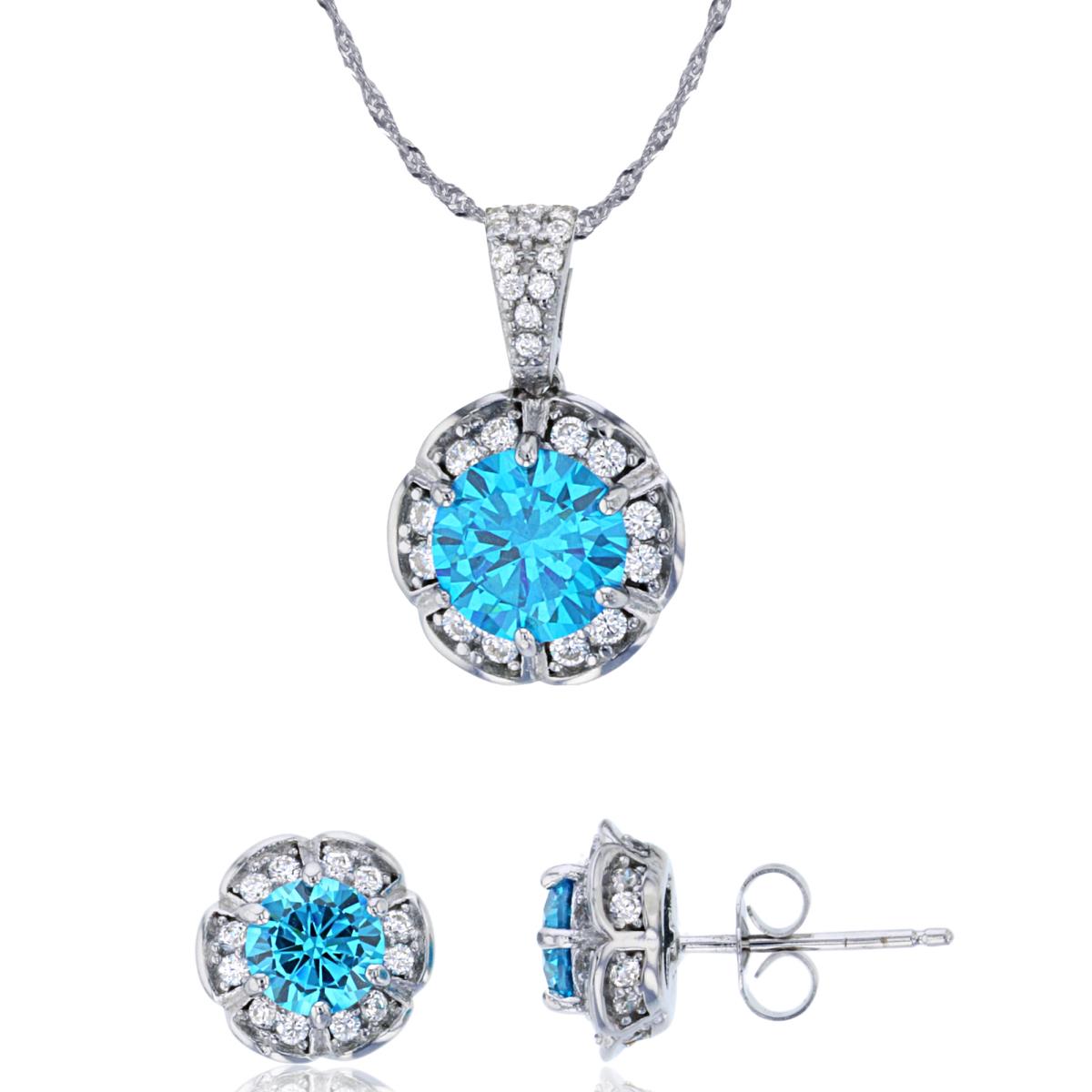 Sterling Silver Rhodium 8mm Rnd Swiss Blue Topaz & White CZ Flower 18"+2" Necklace & Earring Set