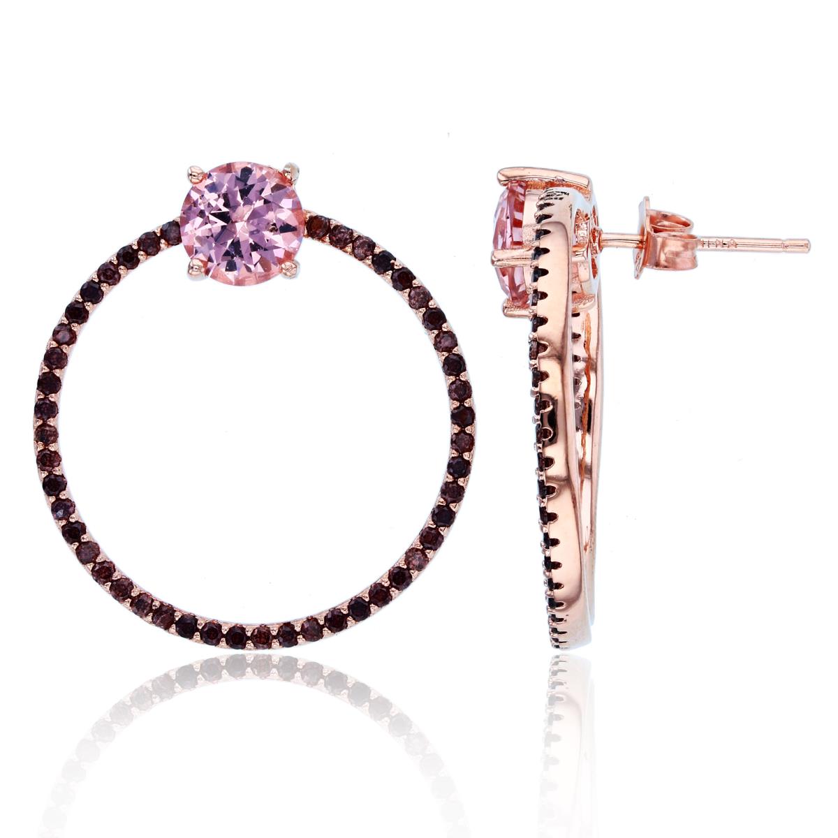 Sterling Silver+1Micron Rose Gold 7mm Morganite CZ & 1.3mm Rnd Brown CZ Open Circle Earrings