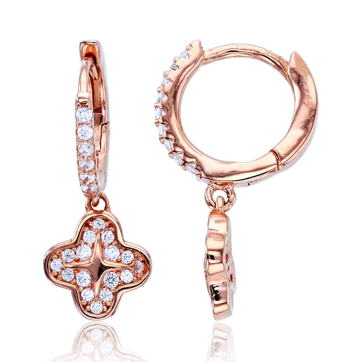 Sterling Silver+1Micron Rose Gold Rnd CZ Clover Dangling on Huggie Earrings