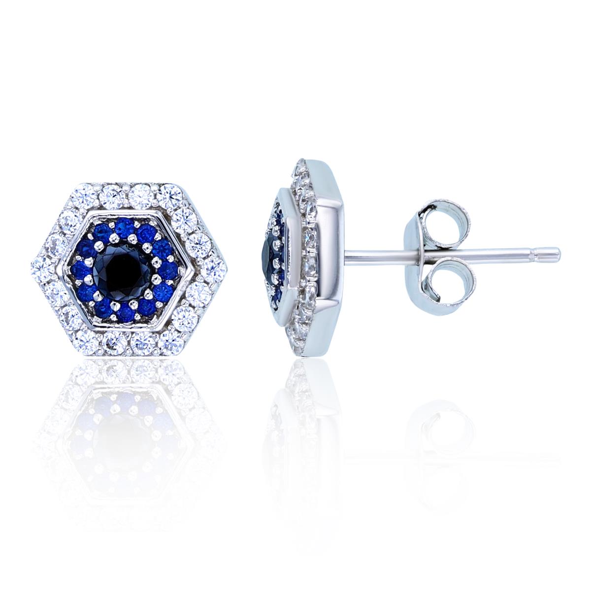 Sterling Silver Rhodium Rnd White /Black /#114 Blue Spinel Octagon Studs Earrings