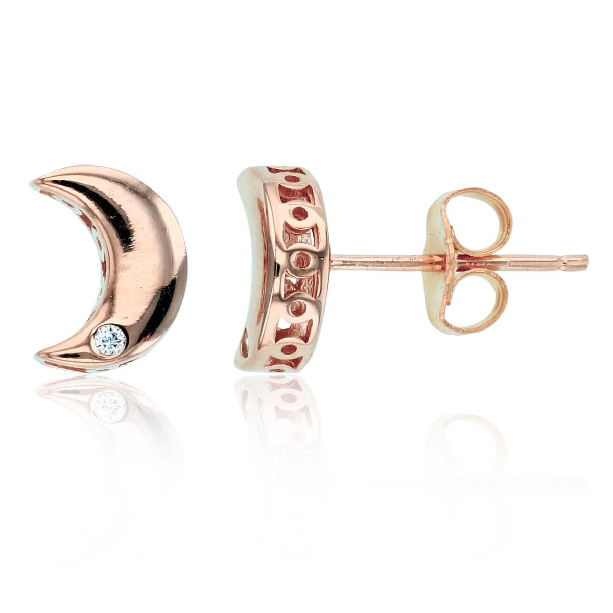 Sterling Silver+1Micron Rose Gold Single Bezel 1.4mm Rnd CZ High Polish Half Moon Studs