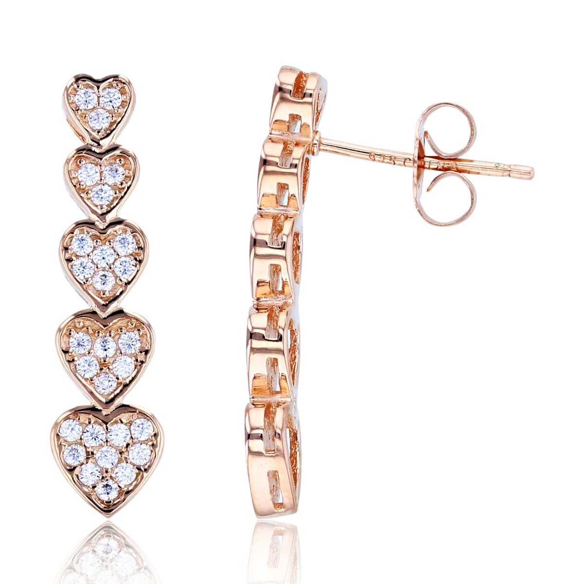 Sterling Silver Rose Rnd CZ Graduated Split Pave Hears Vertical Earrings