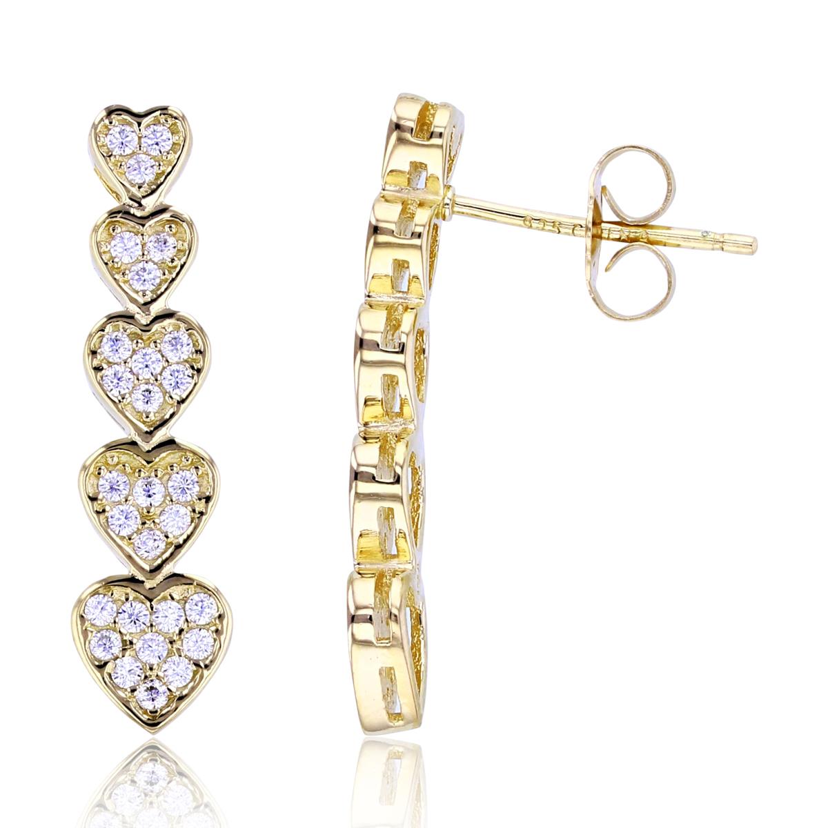Sterling Silver+1Micron Yellow Gold Rnd CZ Graduated Split Pave Hears Vertical Earrings