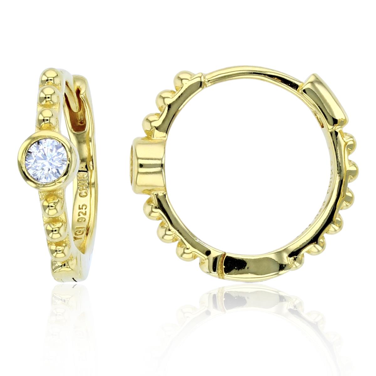 Sterling Silver+1Micron Yellow Gold Bezel 3mm Rnd White CZ Beaded Huggie Earrings