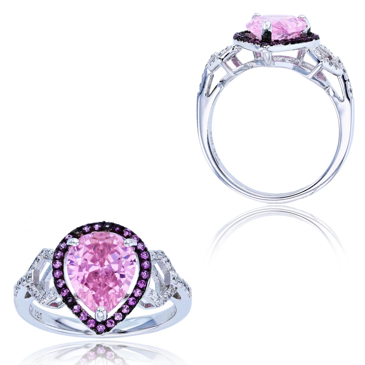 Sterling Silver Two-Tone 10x8mm PS Center Pink CZ & Rnd White/ #3 Ruby CZ Halo Pear-shape Ring