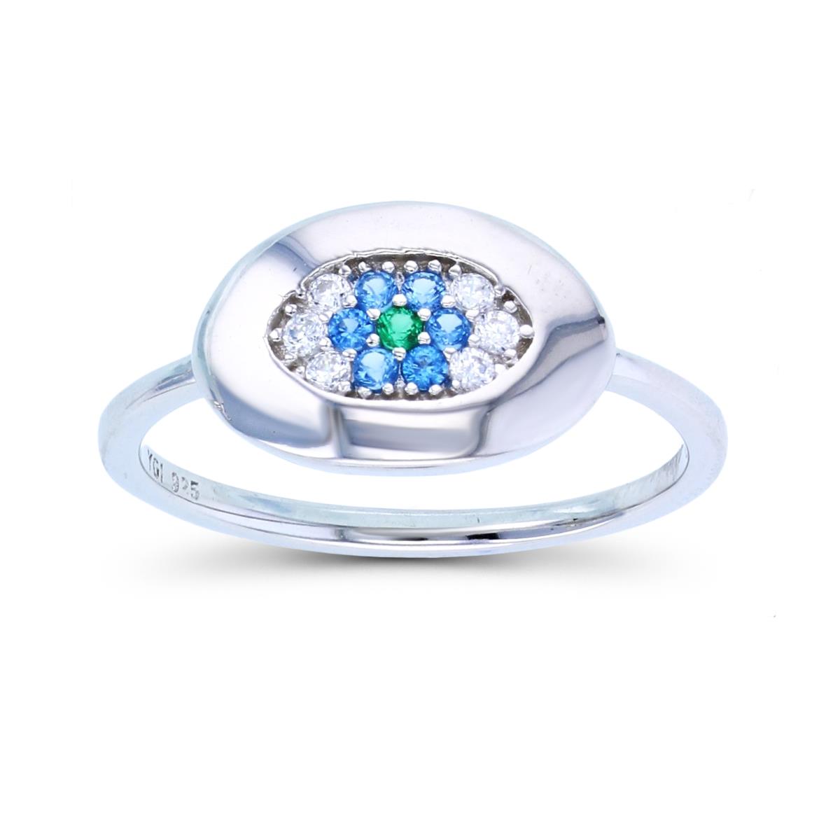 Sterling Silver Rhodium 1.5mm Rnd Green/ Light Blue/ White CZ Oval Ring