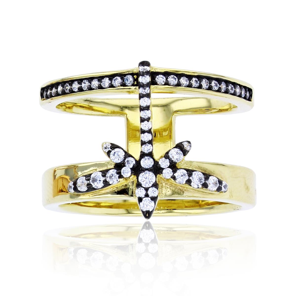 Sterling Silver Blk/Yel Two-Tone Rnd White CZ Bow on Open 2-Rows Band