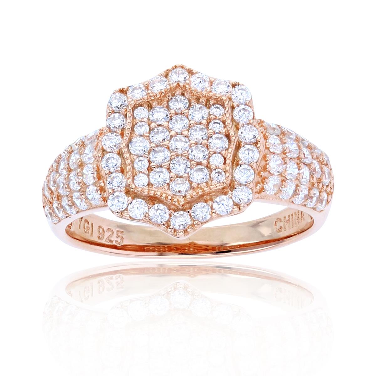 Sterling Silver+1Micron Rose Gold Rnd CZ Micropave Milgrain Hexagon Ring
