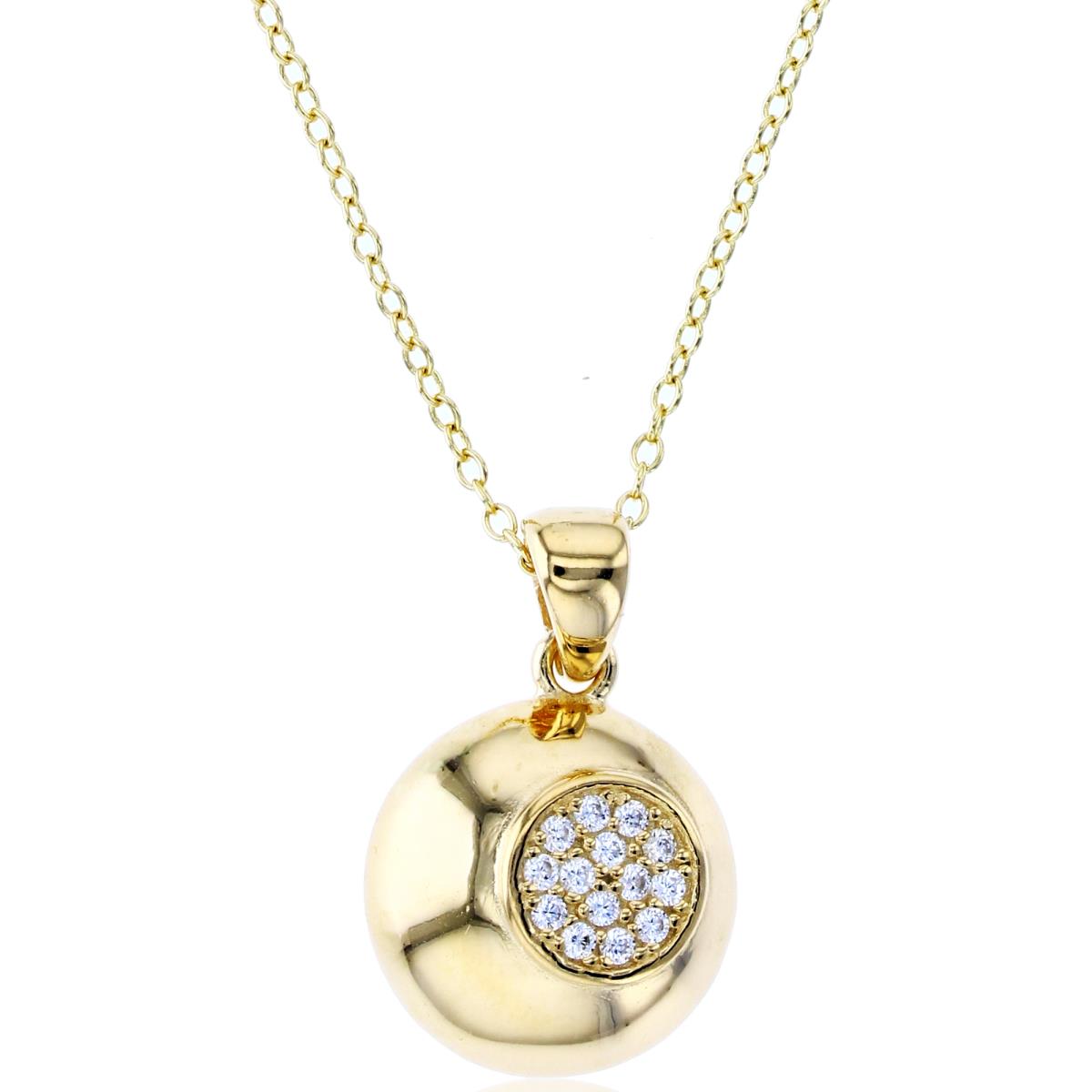 Sterling Silver+1Micron Yellow Gold Rnd White CZ Pave Circle in High Polish Dome Round 16+2"Necklace