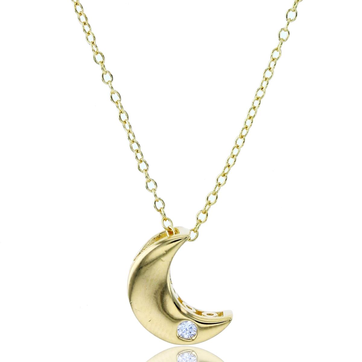 Sterling Silver+1Micron Yellow Gold Single Bezel 2mm Rnd CZ High Polish Moon 16+2"Necklace