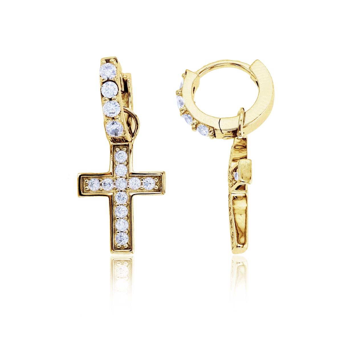 Sterling Silver+1Micron Yellow Gold Rnd CZ Cross Charm on Men's Huggie Earrings