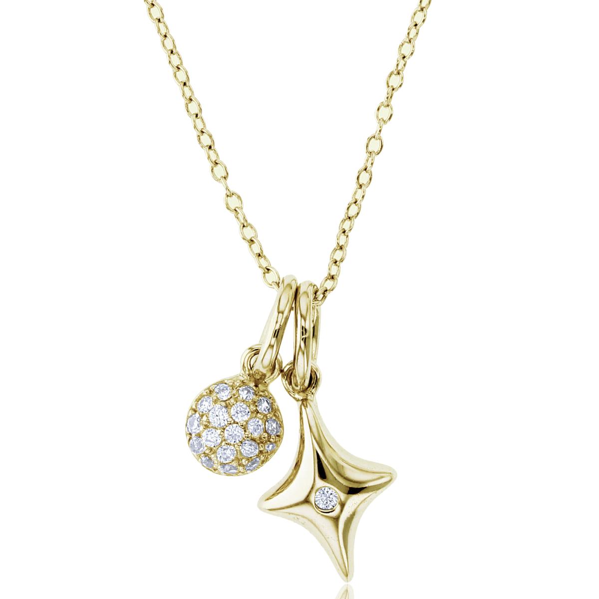 Sterling Silver+1Micron Yellow Gold Bezel Single CZ High Polish Star & Pave Puffy Ball 16+2"Necklace