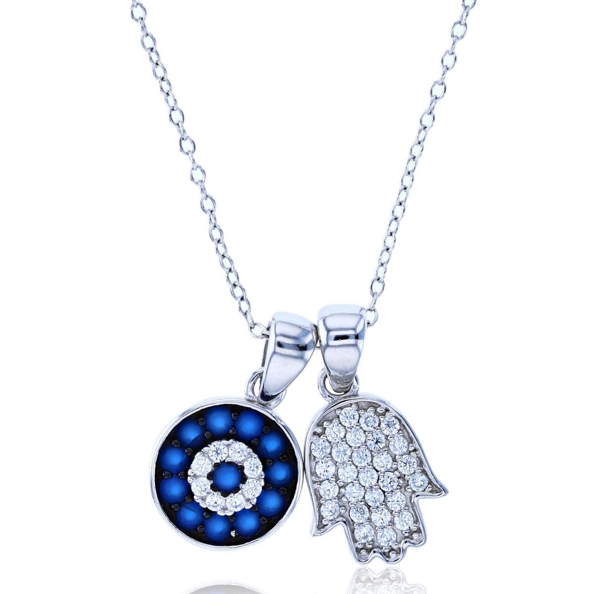 Sterling Silver Rhodium Rnd White CZ Hamsa & Rnd White CZ/ #113 Blue Spinel Circle 16+2"Necklace