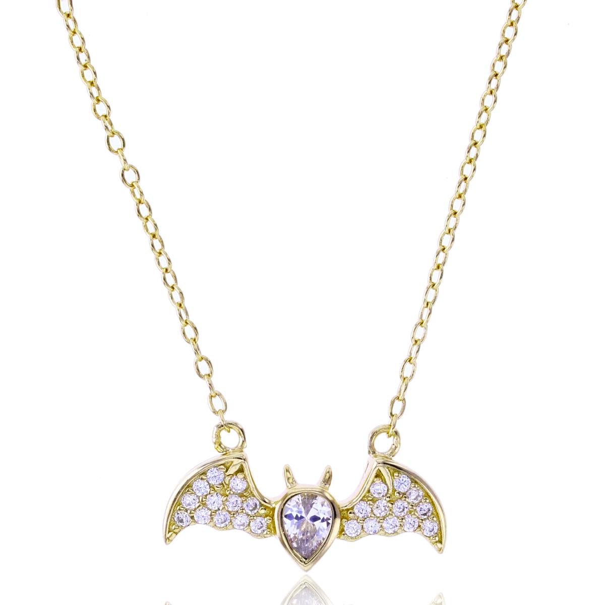 Sterling Silver+1Micron Yellow Gold 4x3mm PS & Rnd CZ Bat Bird 18"Necklace