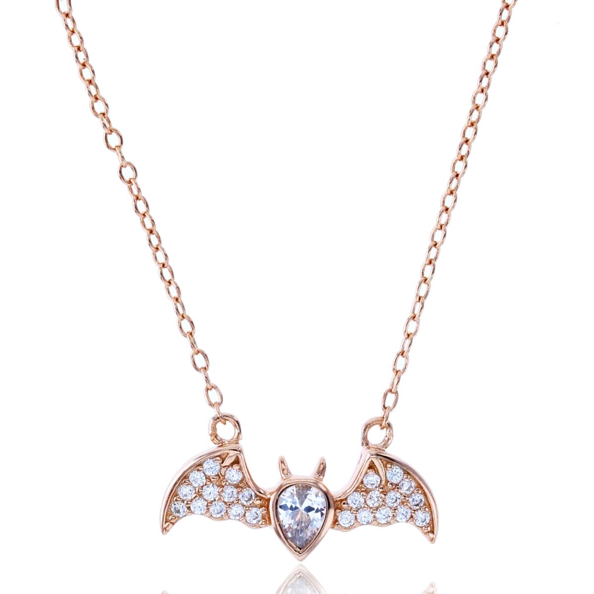 Sterling Silver+1Micron Rose Gold 4x3mm PS & Rnd CZ Bat Bird 18"Necklace