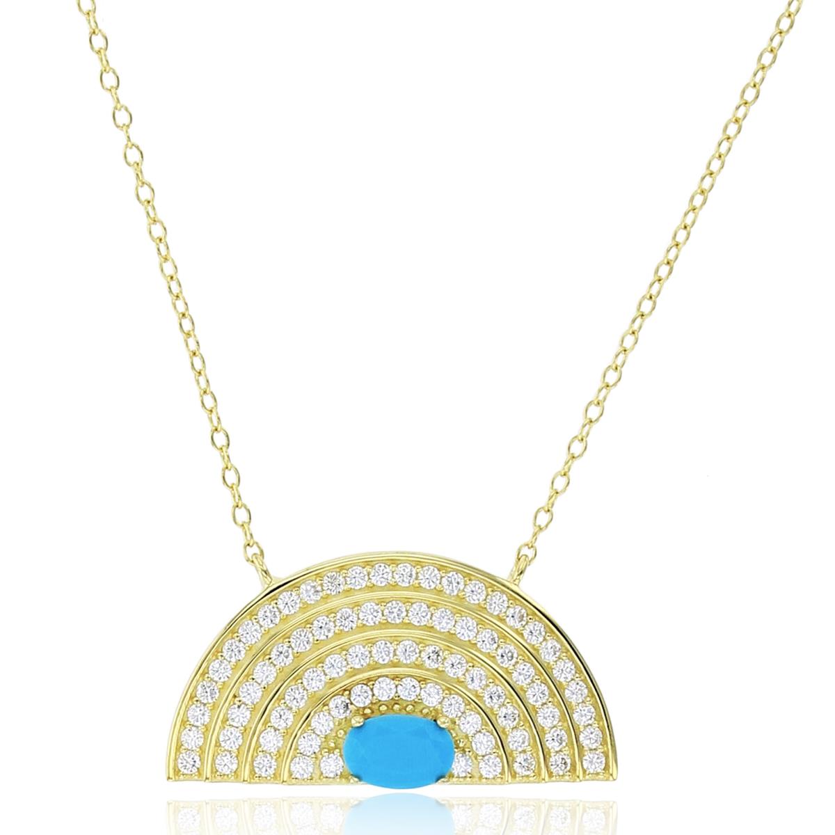 Sterling Silver Yellow 1-Micron Rnd White & 6x4mm Ov NanoTurquoise CZ Half Circle 18"Necklace