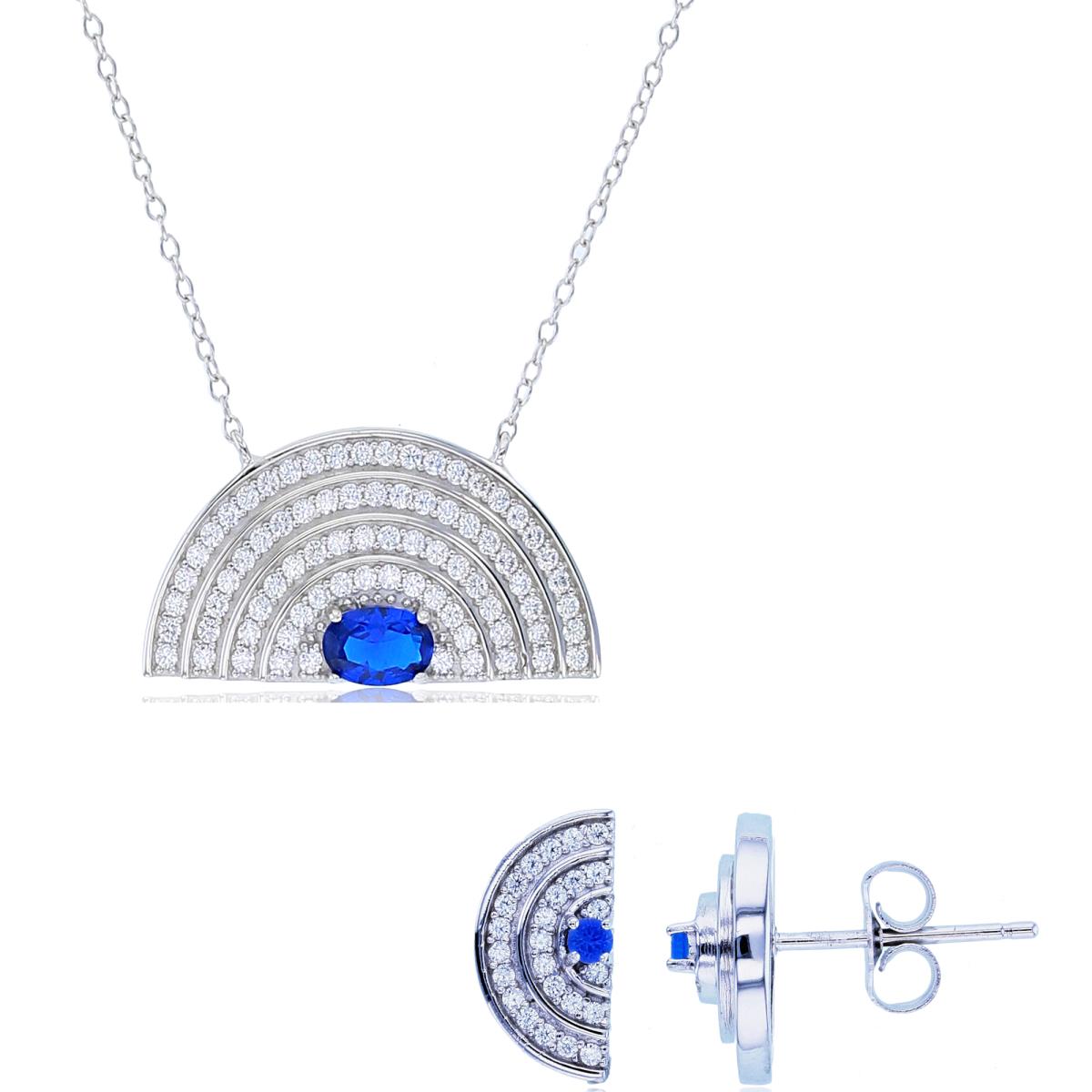 Sterling Silver Rhodium Rd White & 6x4mm Ov #113 Blue Spinel Half Circle 18" Necklace & Earring Set