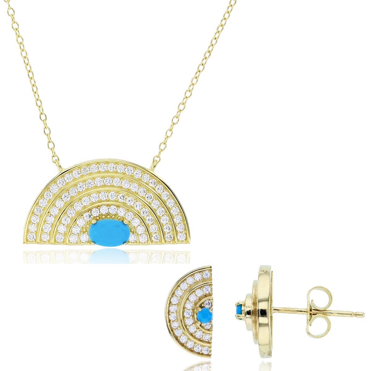 Sterling Silver Yellow Rd White & 6x4mm Ov NanoTurquoise Half Circle 18" Necklace & Earring Set