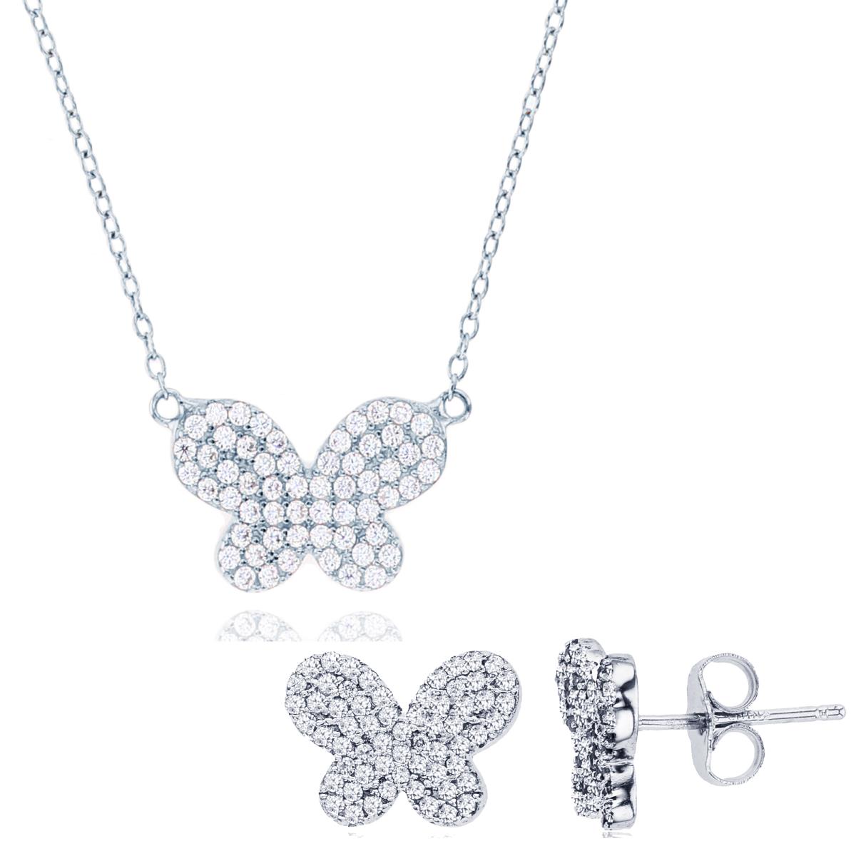 Sterling Silver Rhodium Rnd White CZ Butterfly 18" Necklace & Earring Set