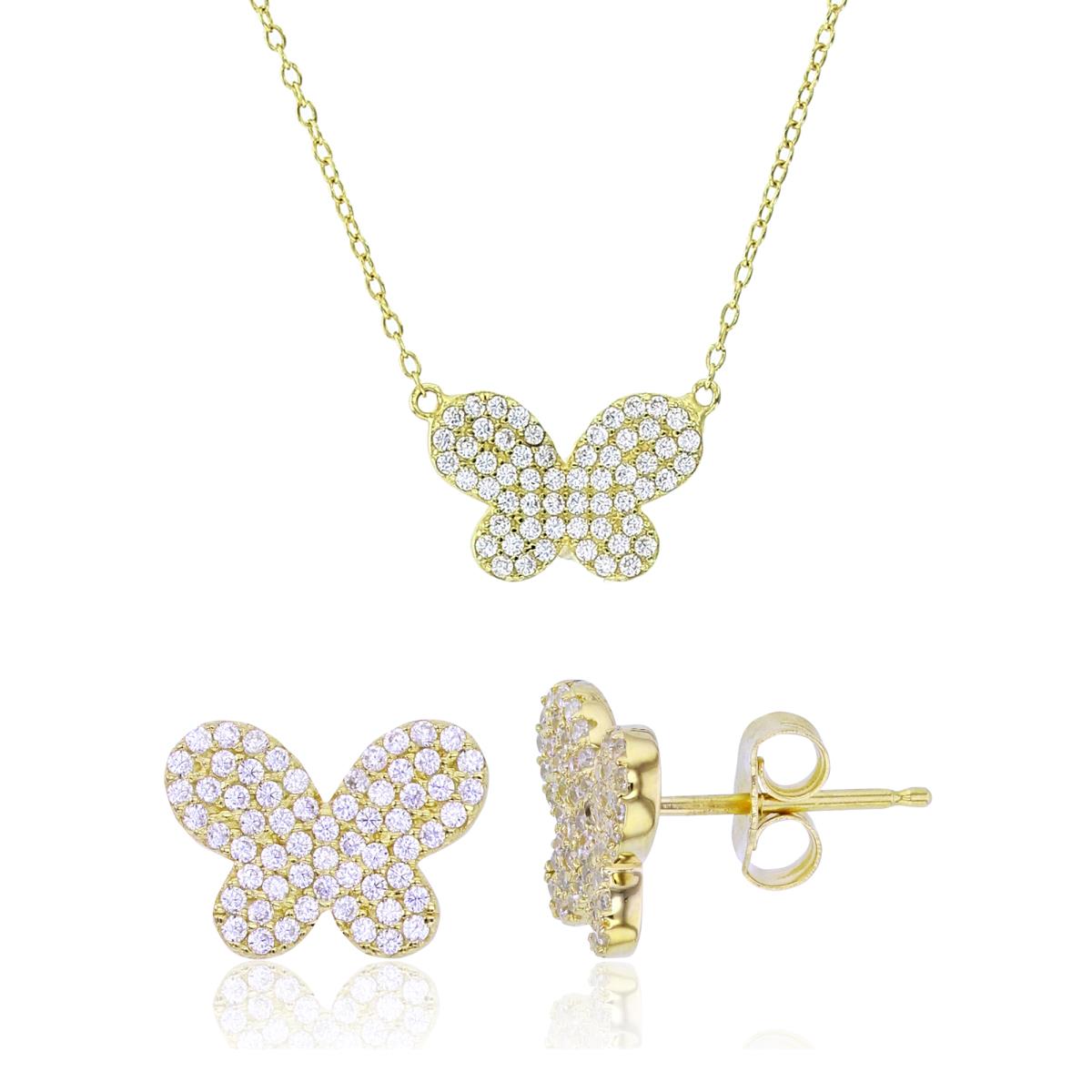 Sterling Silver Yellow Rnd White CZ Butterfly 18" Necklace & Earring Set