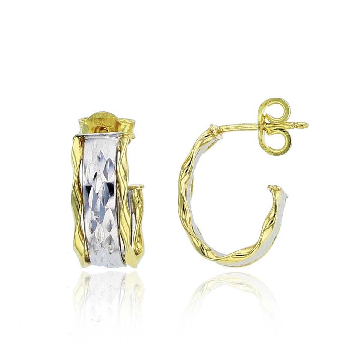10K Two-Tone Gold Diamond Cut 17X7mm Open Huggie Earrings