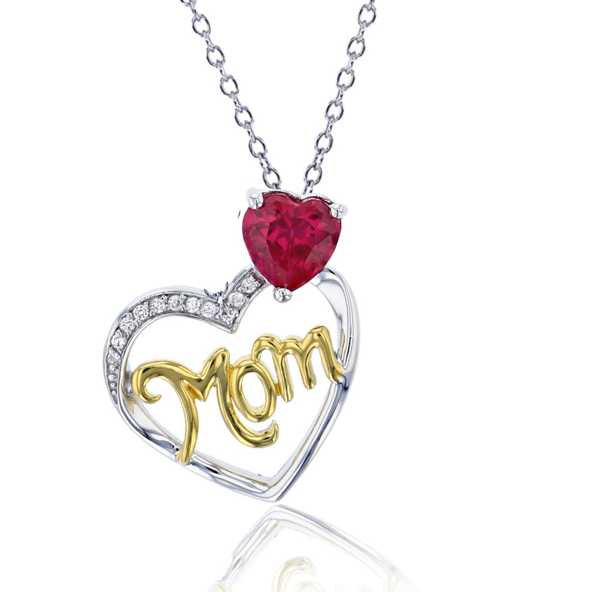 Sterling Silver+1Micron 14K Yellow Gold 6mm HS Cr Ruby & Cr White Sapphire "Mom"Heart 18"Necklace