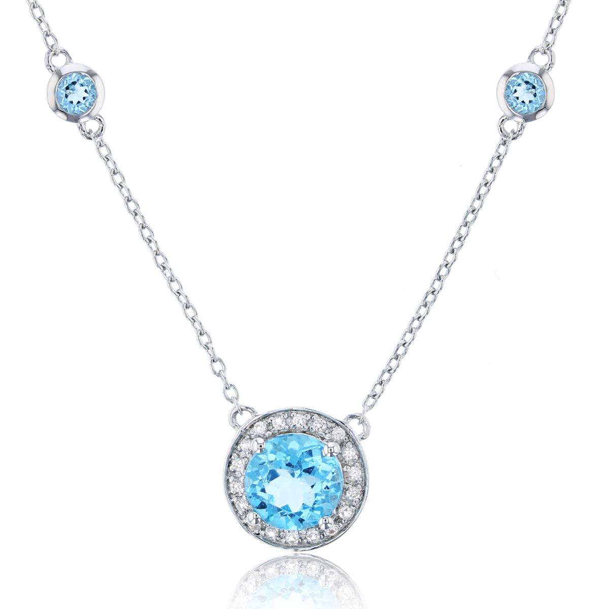 Sterling Silver Rhodium 7mm/3mm Rnd Swiss Blue Topaz & Cr.White Sapphire 3-Circles Station 18"Necklace